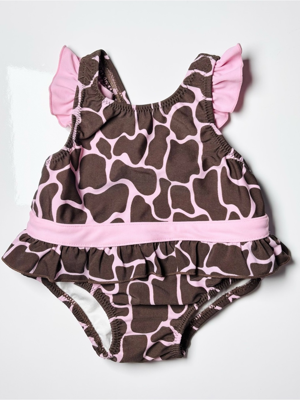 Infant Girls Pink & Brown Giraffe Print Ruffle Swimsuit  scoop-neck Swim Summer